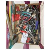 BOX OF MISC HAND TOOLS INCLUDING, PLYERS, SCREWDRI
