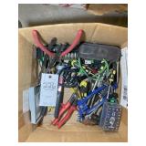 BOX OF MISC HAND TOOLS INCLUDING, SOCKETS, PLYERS,
