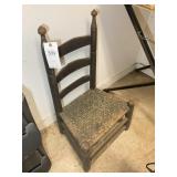 ANTIQUE WICKER SEAT CHAIR, LOW TO GROUND