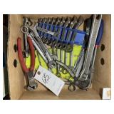 BOX CONTAINING MISC WRENCHES, PLYERS, CRESENT WREN