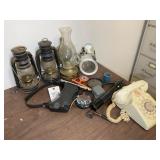 CONTENTS ON TOP RIGHT OF DESK INCLUDING OIL LAMPS,