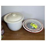 GROUP OF RED RIMMED ENAMEL POTS AND BUCKET