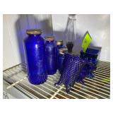 GROUP OF BLUE GLASS, BOTTLES, VASES, DECORATIVE IT