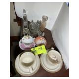 GROUP OF GLASS FIGURINES AND TEA CUPS