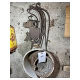 GROUP OF CAST IRON POT LIDS, PULLEY AND MEAT GRIND