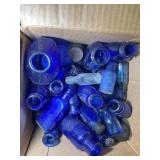 BOX CONTAINING BLUE GLASS MEDICINE TYPE BOTTLES