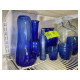 GROUP OF BLUE GLASS, VASES, ETC