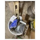 BUCKET WITH HAND TOOLS, KNEEPADS, LEVEL, ETC