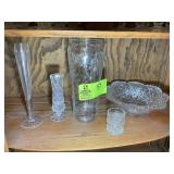 SHELF WITH ASSORTED GLASS VASES AND BOWL