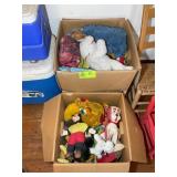 TWO BOXES OF ASSORTED STUFFED ANIMALS, DOLLS, TALK