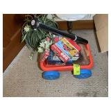 PLASTIC WAGON WITH BASEBALL GLOVES AND BAT