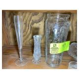 SHELF WITH ASSORTED GLASS VASES AND BOWL