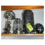 TOP SHELF OF CLOSET, LAMP WITH STAIN GLASS STYLE P