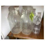 GROUP OF JARS, MASON, VINEGAR, MILK