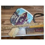 GROUP OF FANS, RULER, TONGS AND LEVEL