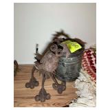 VINTAGE METAL GAS CAN AND DOG STATUE