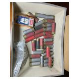BOX OF ASSORTED AMMO, .22 CAL, SHOT GUN SHELLS, 30