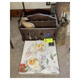 MAGAZINE RACK WITH BOTTLES, PITCHER, SERVING PLATT