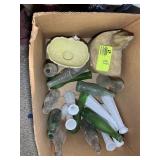 BOX WITH ASSORTED BOTTLES, VASES, ETC