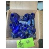 BOX CONTAINING BLUE GLASS MEDICINE TYPE BOTTLES