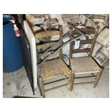 TWO FOLDING TABLES AND TWO WOVEN SEAT CHAIRS
