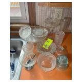 GROUP OF ASSORTED CLEAR GLASS DISHES, CAKE PLATE,