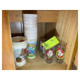 SHELF OF CHIPMUNKS GLASSES AND OTHER PLASTIC CUPS