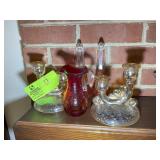 GROUP OF CARNIVAL GLASS, CANDLE HOLDERS, ETC