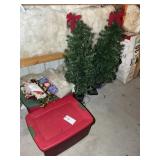 TWO 4 FT CHRISTMAS TREES AND TWO TOTES OF CHRISTMA