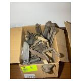 BOX OF ANTIQUE DOOR LATCHES AND LOCKS AND OIL LAMP