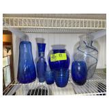 GROUP OF BLUE GLASS, VASES, ETC