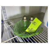 URANIUM GLASS, SALT N PEPPER SHAKER AND BOWL