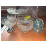 GROUP OF ASSORTED CLEAR GLASS DISHES, CAKE PLATE,