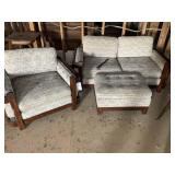 VINTAGE WOOD FRAMED LOVE SEAT 63 IN AND CHAIR 38 I