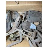 BOX OF ANTIQUE DOOR LATCHES AND LOCKS AND OIL LAMP