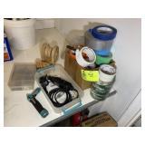 BOX WITH MISC TAPE, GLOVES, DREMEL TOOL AND ACCESS