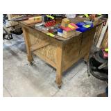 HOME MADE 3 DRAWER WORK SHOP TABLE ON CASTERS, 4 F