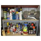TOP TWO SHELVES CONTAINING MISC PAINT, TAPE, OILS,