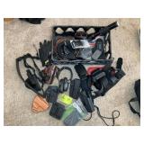 TOTE WITH MISC HOLSTERS, MAGAZINE, BELTS, EAR PROT