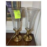 PAIR OF BRASS COLORED CANDLE STICKS WITH GLASS SHA