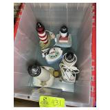 TOTE WITH MISC DECORATIVE LIGHTHOUSE FIGURINES, SO