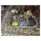 LARGE HEAVY SILVER PLATED SERVING TRAY AND SILVER