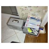 GROUP OF MISC STORAGE BINS, RUBBER GLOVES AND SILV