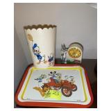 GROUP OF DISNEY THEMED ITEMS, TRASH CAN, TV TRAY,