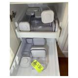 TWO SHELVES CONTAINING MISC PLASTIC STORAGE CONTAI