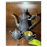SILVER PLATED TEA SET, PITCHER, CREAM, AND SUGAR