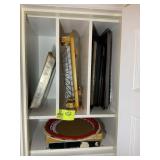 CONTENTS OF CABINET, MISC SERVING TRAYS, PLATTERS,