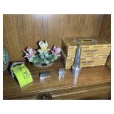 SHELF CONTAINING DECORATIVE ITEMS, CAST IRON IRONS