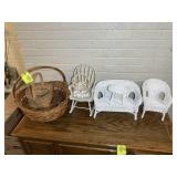 GROUP OF WICKER BASKETS AND WICKER DOLL FURNITURE