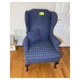 BLUE UPHOLSTERED WING BACK ARM CHAIR WITH WOOD LEG